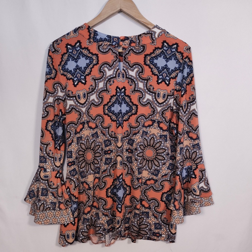 Charter Club Blouse Women's Large Coral Paisley Boho Bell Sleeve Keyhole